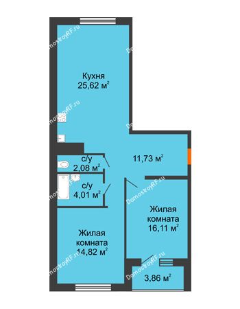 2 комнатная квартира 76,3 м² в ЖК Юго-Западный	, дом ГП-1