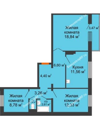 3 комнатная квартира 70,44 м² в ЖК Иннoкeнтьeвcкий, дом № 6