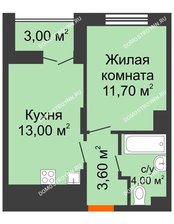1 комнатная квартира 33,8 м² в ЖК КМ Анкудиновский Парк, дом № 16