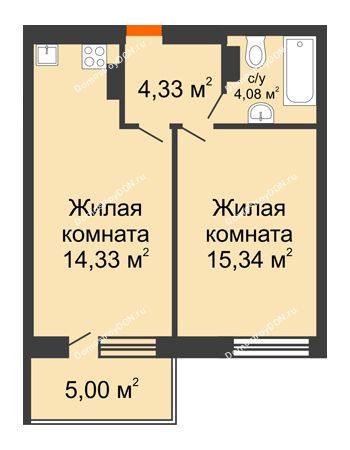 2 комнатная квартира 47,58 м² в ЖК Гвардейский 3.0, дом Секция 3