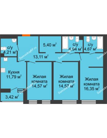 3 комнатная квартира 91,32 м² в ЖК Бунин, дом 1 этап, секции 11,12,13,14