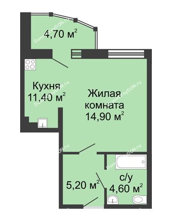 1 комнатная квартира 40,8 м² в ЖК Мега, дом № 2