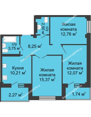 3 комнатная квартира 70,6 м² в ЖК Соловьиная роща, дом № 1