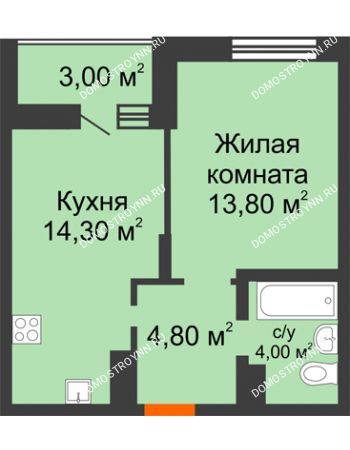 1 комнатная квартира 38,4 м² в ЖК Подкова на Цветочной, дом № 7
