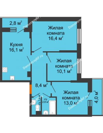 3 комнатная квартира 71,8 м² в ЖК Самолет, дом 2 очередь - Литер 3