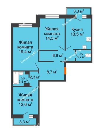 3 комнатная квартира 86,2 м² - ЖД Четыре сезона (4 сезона)