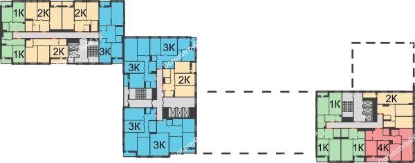 Планировка 13 этажа в доме 1 этап, секции 11,12,13,14 в ЖК Бунин