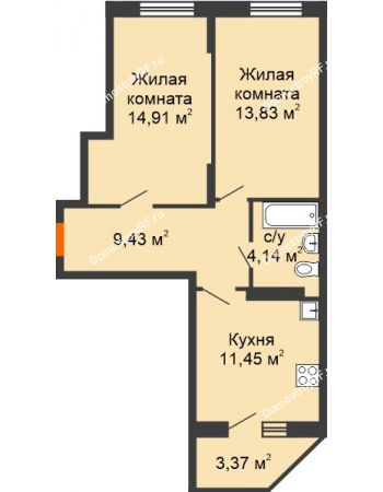 2 комнатная квартира 55,45 м² в ЖК Московский, дом дом 1