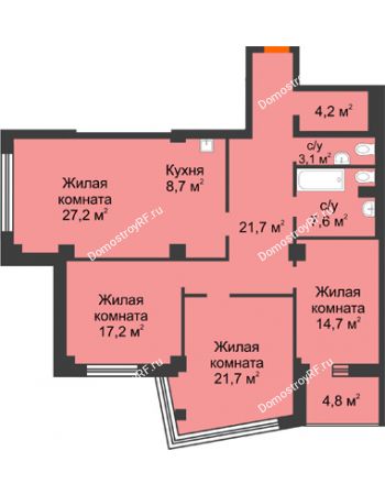 4 комнатная квартира 128,4 м² в ЖК Перья, дом № 1, 4 этап