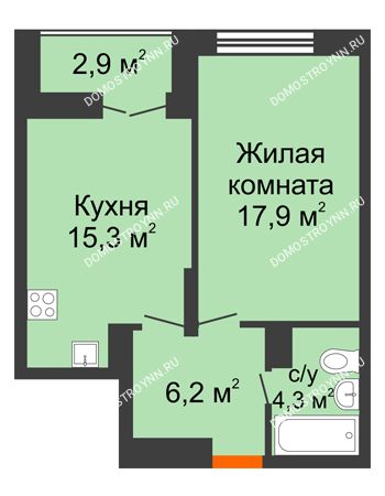 1 комнатная квартира 45,6 м² в ЖК Заречье, дом № 1, секция 1