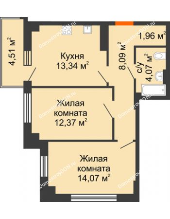 2 комнатная квартира 55,53 м² в ЖК Аврора, дом № 1