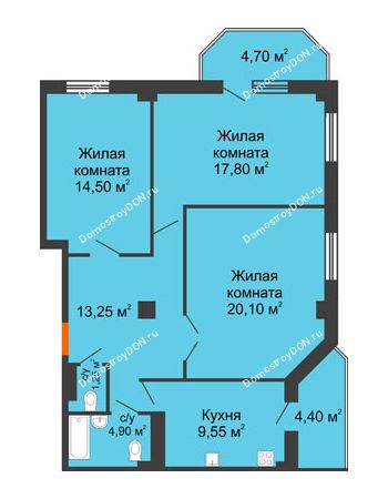 3 комнатная квартира 89,25 м² в ЖК Донские Просторы, дом Позиция 1