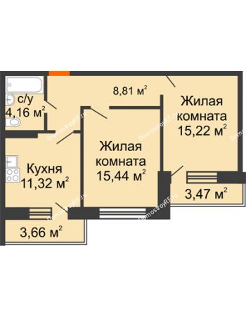 2 комнатная квартира 58,77 м² в ЖК Каскад, дом № 7-8