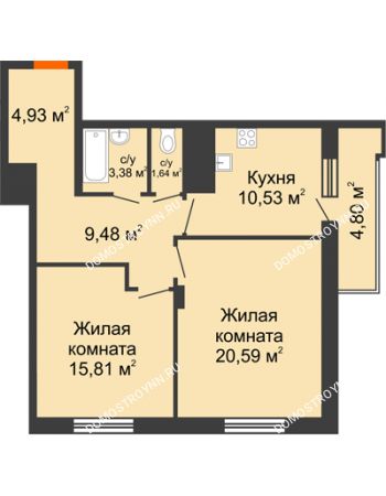 2 комнатная квартира 68,76 м² в ЖК Циолковский, дом № 5