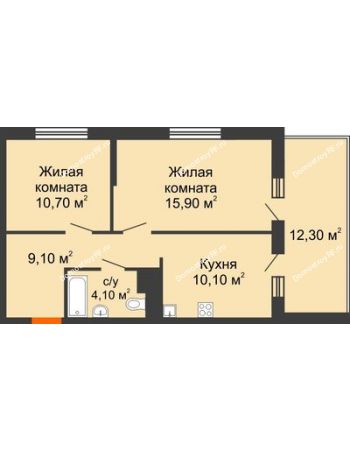 2 комнатная квартира 56,1 м² в ЖК Дружный, дом Литер 2.3
