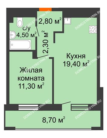 1 комнатная квартира 44,65 м² в ЖК Корица, дом № 1