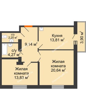 2 комнатная квартира 64,4 м² в ЖК Бограда, дом № 2